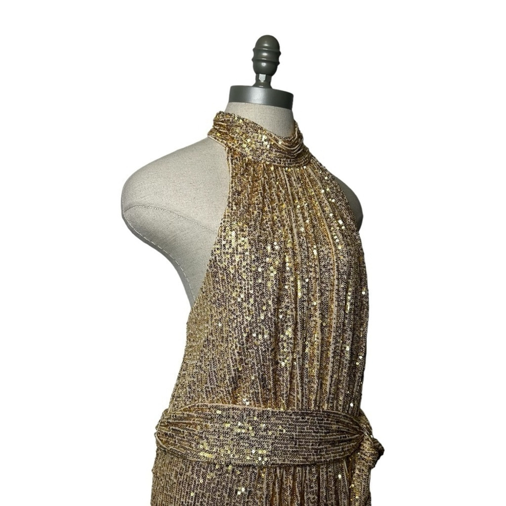 MAC DUGGAL 11281 Gold Champagne Sequin Halter Neck Belted Soft Tie Maxi Dress 14 - Picture 8 of 15